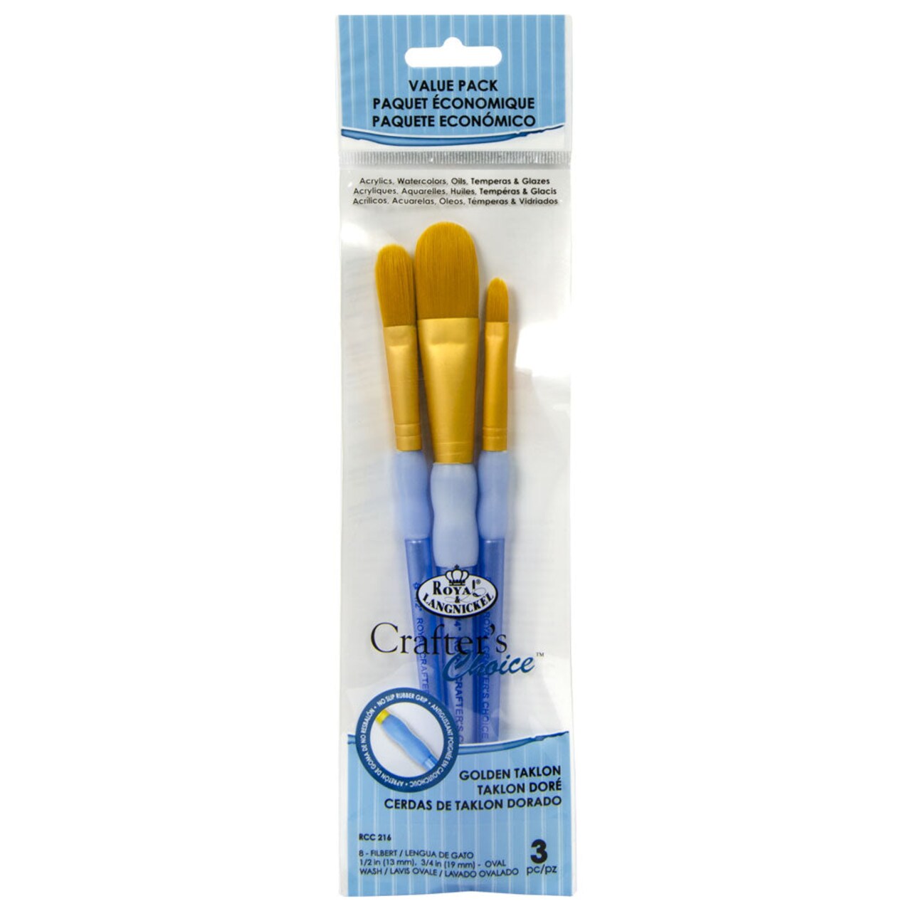 RCC 216 | Crafter's Choice™ 3pc Golden Taklon Filbert/Oval Wash Brush Set
